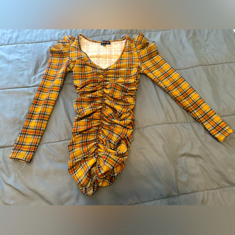 Absolutely Love It Women's Tan Plaid Ruched Dress ~ Size S